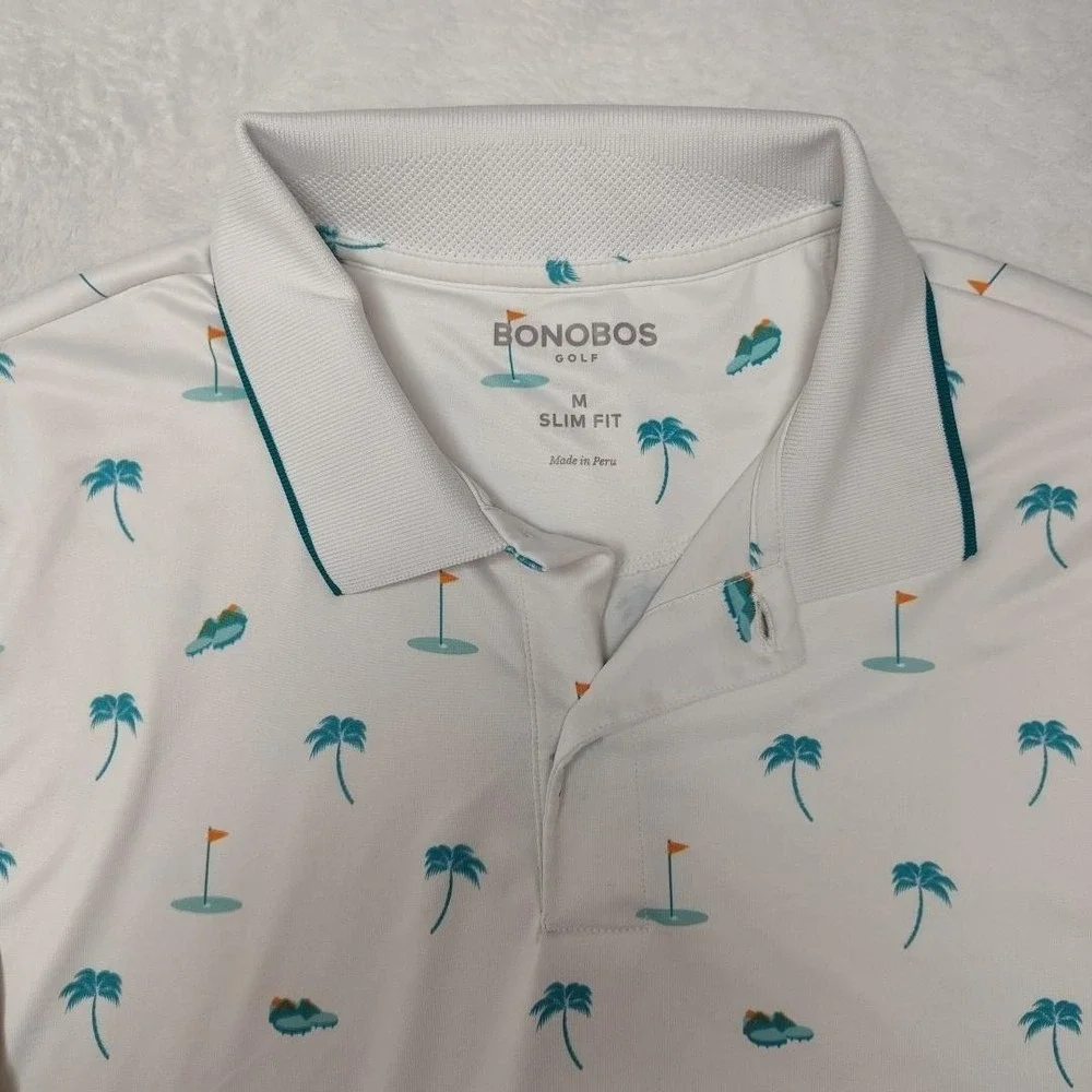Bonobos‎ Polo Shirt Mens M White Palm Tree Golf Slim Fit Performance Collared